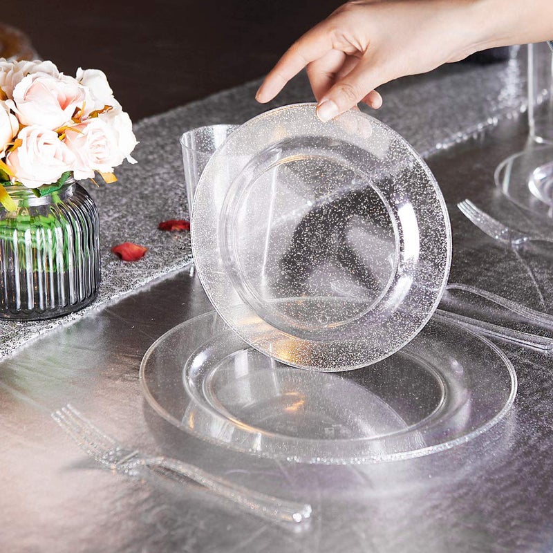 I00000 144Pcs Silver Glitter Dessert Plates Set, Includes 72Pcs Plastic Dessert Plates 7.5",72Pcs Silver Forks 7.4", Plastic Salad Plates for Birthday, Wedding & Party - Image 4